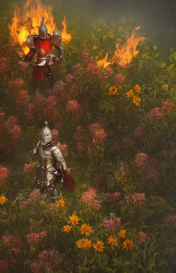 Image similar to full body image of a knight in bed of flowers in dark forest, surrounded by fire and smoke, moody, rim light, dynamic lighting, cinematic shot, gritty, ultra - detail, renderman, physically based render