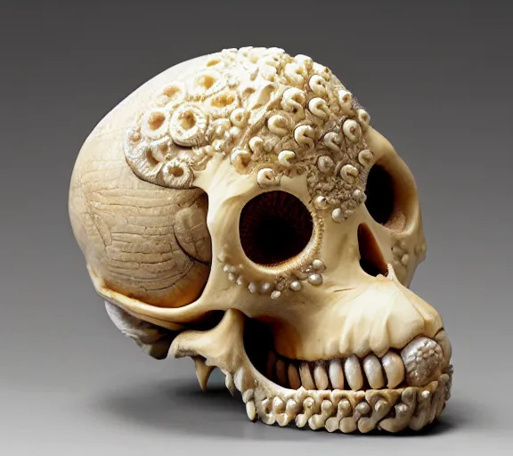 Image similar to an intricately detailed carving in an human - octopus skull, rococo ornate bone and ivory sculpted skull with teeth and tentacles, horror, artifact, micro detailed, inscribed with occult symbols, otherworldly