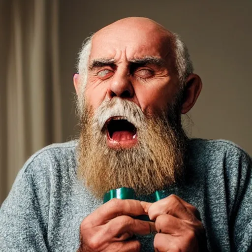 Image similar to crazy old deprived bearded man desperately devouring heaven key candles