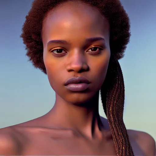 Image similar to photographic portrait of a stunningly beautiful african renaissance female in soft dreamy light at sunset, beside the river, soft focus, contemporary fashion shoot, in a denis villeneuve and tim burton movie, by edward robert hughes, annie leibovitz and steve mccurry, david lazar, jimmy nelsson, extremely detailed, breathtaking, hyperrealistic, perfect face, octane render