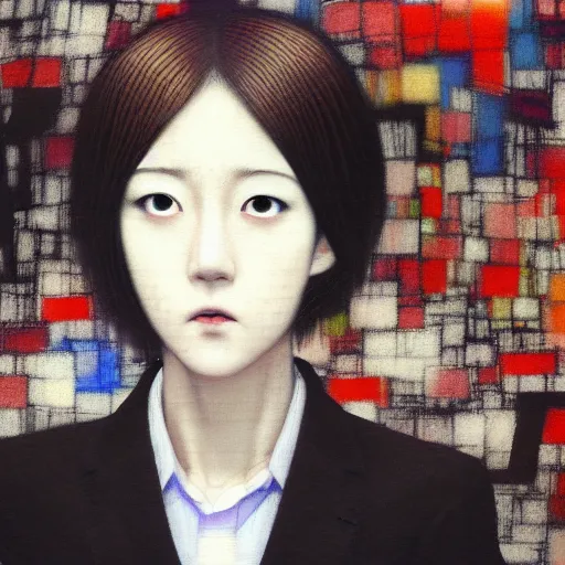 Image similar to yoshitaka amano blurred and dreamy realistic three quarter angle portrait of a young woman with short hair and black eyes wearing office suit with tie, junji ito abstract patterns in the background, satoshi kon anime, noisy film grain effect, highly detailed, renaissance oil painting, weird portrait angle, blurred lost edges