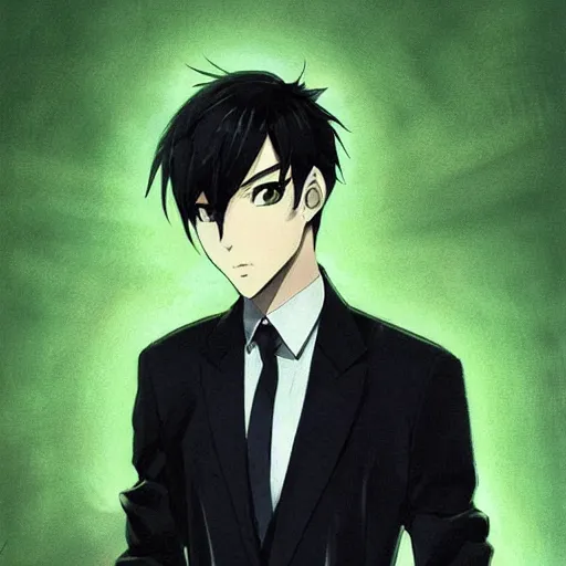 Image similar to full body portrait character concept art, anime key visual of decadent green long straight hair young anime male in black suit, green long straight hair and brown eyes, finely detailed perfect face studio lighting delicate features directed gaze, gapmoe kuudere grimdark, trending on pixiv fanbox, painted by greg rutkowski makoto shinkai takashi takeuchi studio ghibli