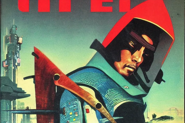 Image similar to 1979 OMNI Magazine Cover of a a samurai in a conical hat. in cyberpunk style by Vincent Di Fate