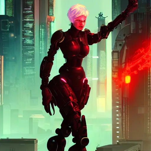 Prompt: character with short white hair, robotic arm, city in background, neonpunk, dystopian, scifi, intricate, detailed red lighting, digital art, trending on artstation