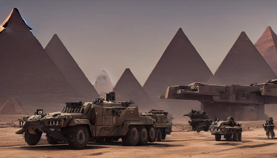 Prompt: a militarized police vehicle with mounted weapons riding through an orwellian egyptian town, futuristic pyramids in the background, troops searching the area, furious action scene, an epic fantasy, dramatic lighting, cinematic, establishing shot, extremely high detail, photorealistic, cinematic lighting, artstation, octane render, by simon stalenhag, horizon forbidden west