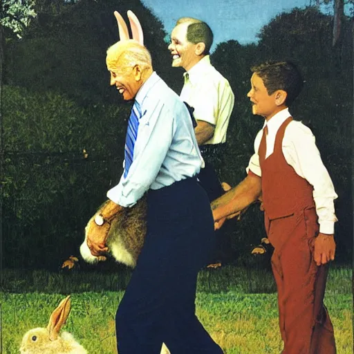 Prompt: joe biden being led around by a large rabbit, artist norman rockwell,