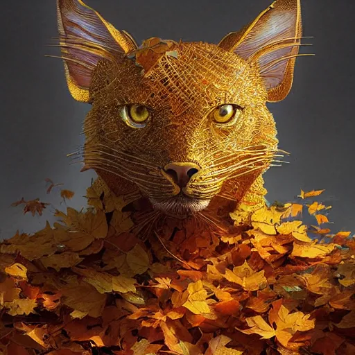 Image similar to golden leaves at frame border, creative!!! composition for a book cover, absurdly beautiful, ultrafine hyperrealistic detailed animal face by wlop and artgerm and greg rutkowski, intricate linework, sharp focus, smooth, octopath traveler, final fantasy, unreal engine, dramatic lighting, ethereal, 8 k