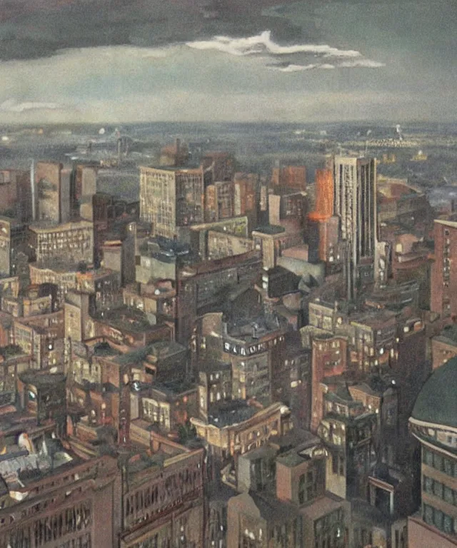 Image similar to horrifying full color photorealistic painting of the view from a 1 9 2 5 hotel terrace balcony overlooking a warped view of downtown boston in 1 9 2 5 with a cosmic sky, dark, atmospheric, brooding, smooth, finely detailed, cinematic, epic, in the style of paul carrick