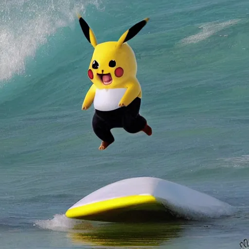 Prompt: chubby pikachu surfing