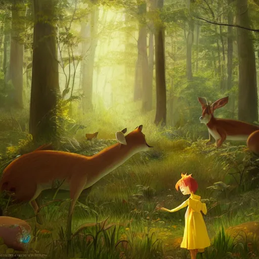 Image similar to concept art painting of an anthropomorphic chubby doe wearing yellow dress, in the deep forest, realistic, detailed, cel shaded, in the style of makoto shinkai and greg rutkowski and james gurney