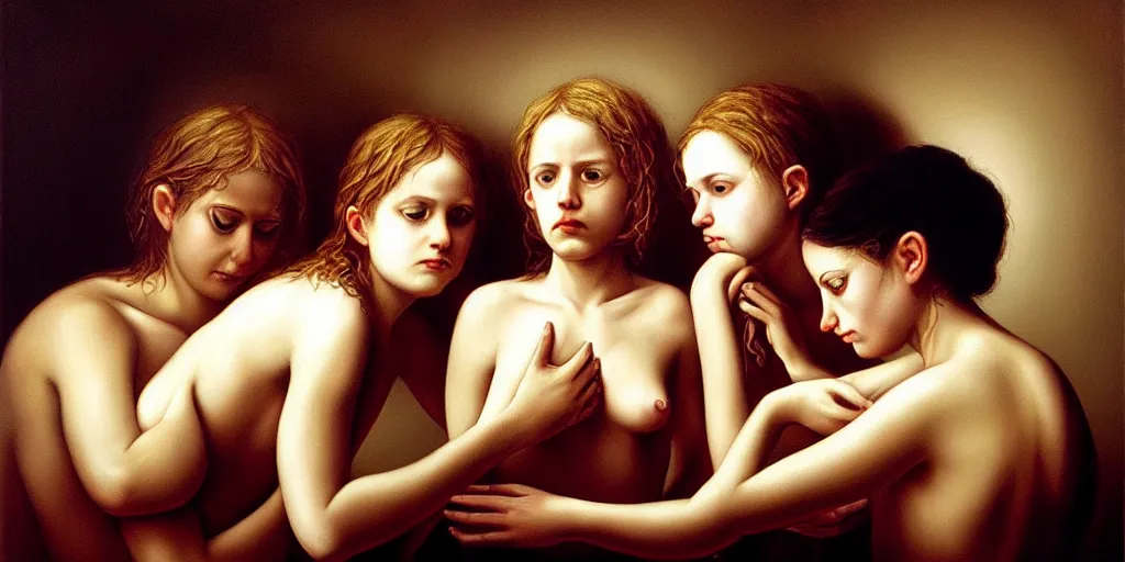 Prompt: the three fates pain pleasure suffering adventure love abstract oil painting by gottfried helnwein pablo amaringo