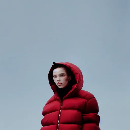 Image similar to realistic! photoshoot for a new balenciaga lookbook, color film photography, portrait of a beautiful woman wearing a puffer jacket, photo in style of tyler mitchell, fisheye lens