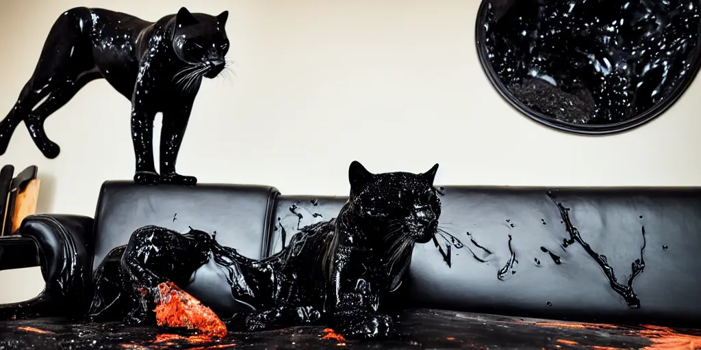 Prompt: the smooth black panther, made of smooth black goo, laying on the couch in the living room after bathing in the ferrofluid, viscous, sticky, full of tar, covered with black goo. photography, dslr, reflections, black goo