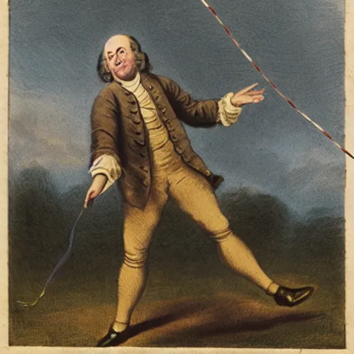 Image similar to color photograph of benjamin franklin riding on a kite