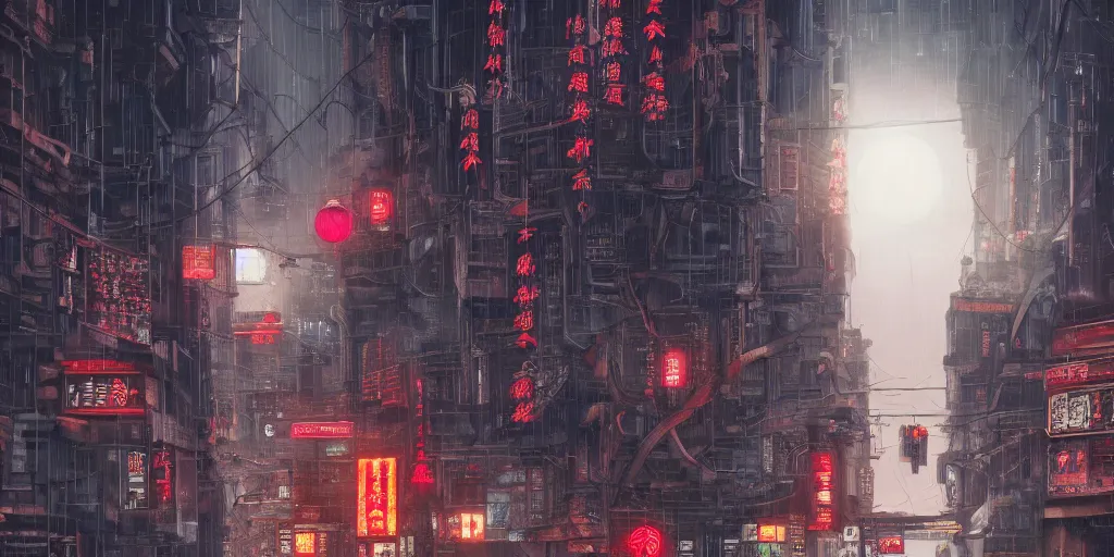 Prompt: china style, small building, city, street, science fiction, cyberpunk, rain day, wide angle, full of people, moon, a lot of lights, cinematic lighting, high detail, digital painting, concept art, illustration, smooth, sharp focus, trending on artstation, trending on deviantart, 4 k