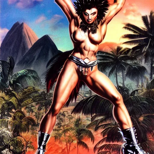 Prompt: Muscular ultraviolent woman, wild spiky black hair, electrified hair, chrome armor, black spandex, holding jagged scimitar, palm trees, red sky, destroyed mountains, chrome military base, 1987 video game boxart, drawn by Frank Frazetta, pulp art, hyper-detailed