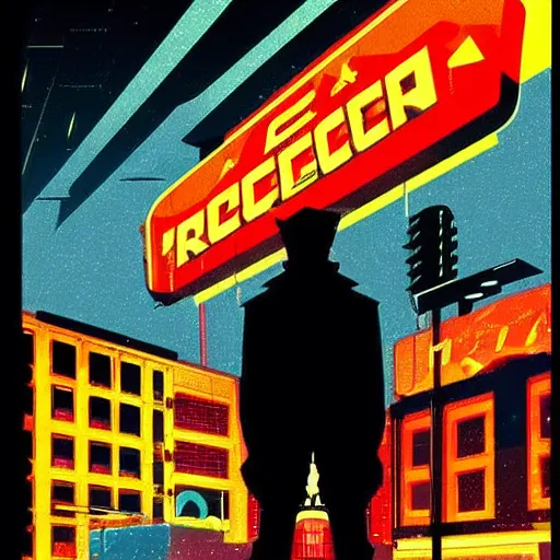 Image similar to rocket standing on a street in the middle of a cyberpunk city, neon signs, 1 9 6 0 s poster, psychedelic, minimalism, clouds, night time, dramatic lighting, flat design, flat colors, in the style of a soviet propaganda poster