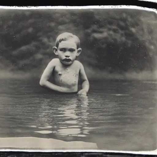 Image similar to tintype photo, swimming deep underwater, kid with huge Bigfoot