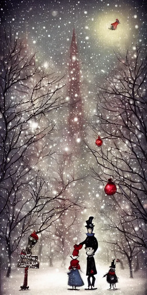 Image similar to a christmas night ice skating couples scene by alexander jansson