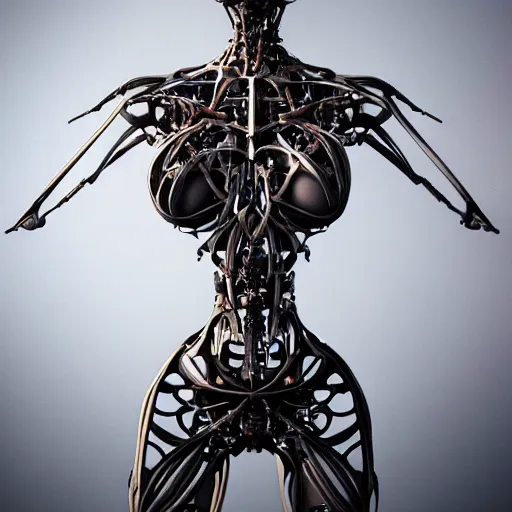 Image similar to biomechanical gina gerson, chimeric organism, pale skin, organic steel, full frontal, portrait, highly detailed, transhumanist, symmetrical, mechanical, anatomical, body horror, mendelbrot fractal, ray tracing, doduodecagon, hyperdetailed, hyperrealistic, trending on artstation, oppai cyberpunk, octane render, hdr, uhd 4k