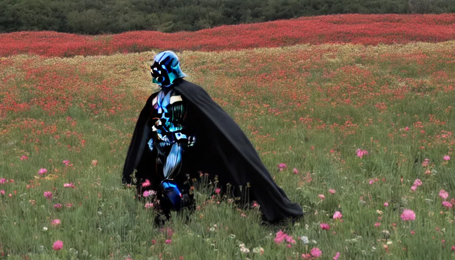 Image similar to wide shot of darth vader going through a field of flowers, realistic, detailed