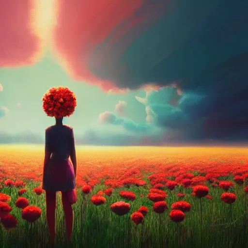 Image similar to head made of carnations, girl standing in a vast flower field, holding flowers, surreal photography, sunrise dramatic light, impressionist painting, colorful clouds, large sky, digital painting, artstation, simon stalenhag, flower face