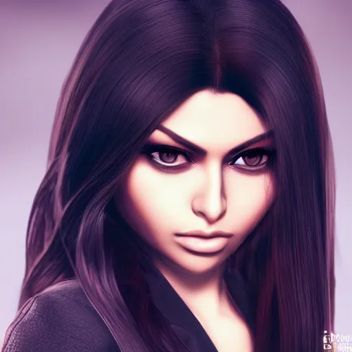 Image similar to portait of haifa wehbe, long hair centred, hd, very detailed curve, unreal engine, mikasa ackerman style, amazing background, rending artstation