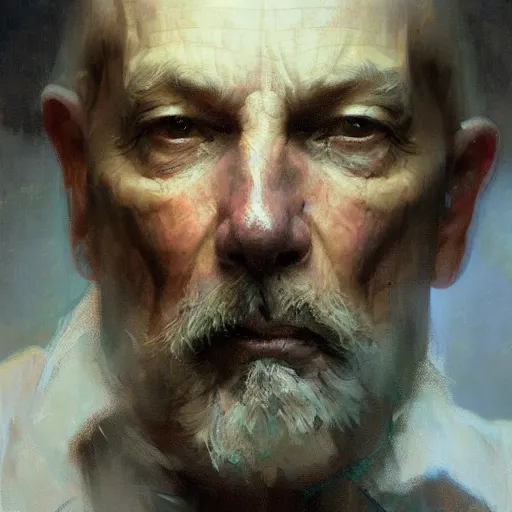 Image similar to hyperrealist portrait of a thin mean old man by jeremy mann and alphonse mucha, fantasy art, photo realistic, dynamic lighting, artstation, poster, volumetric lighting, very detailed faces, award winning