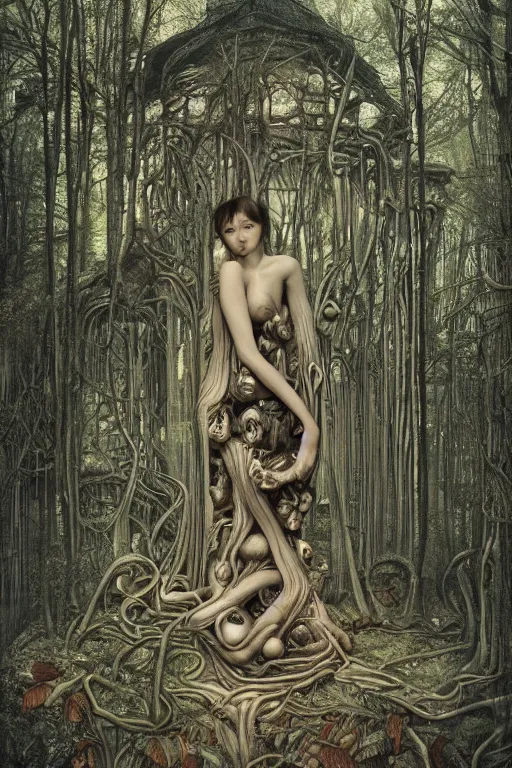 Image similar to a house in the forest by h. r giger, intricate, miles johnston, kuroda seiki, cynical realism, ozabu, john william godward, painterly, yoshitaka amano, moebius, miles johnston, louise zhang, james jean, mark ryden