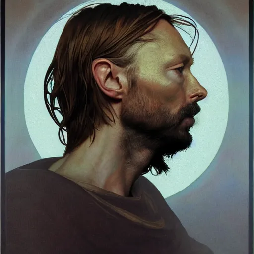 Image similar to hyper realistic, variations portrait of smooth very old thom yorke variations, strong variations, singer songwriter, ( side ) profile, liminal space, by lee bermejo, alphonse mucha and greg rutkowski, greybeard, smooth face