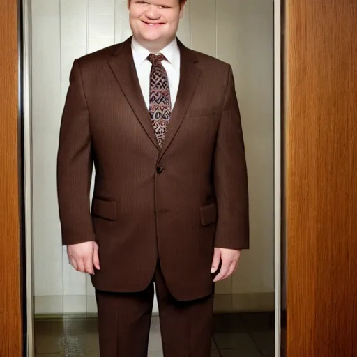 Prompt: Andy Richter is wearing a chocolate brown suit and necktie. Andy is standing inside a bathtub under a running shower. The suit and necktie are soaking wet.