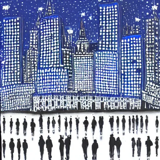 Image similar to night scene of a city. The darkness of the night is illuminated by artificial lighting. The sky is painted with cobalt blue, and shimmers with the light of stars. The buildings are painted in black, and stand out against the sky. They are silhouetted against a background which is painted with hazy grey.