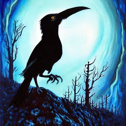 Image similar to fantasy painting of a raven by tim burton | horror themed | creepy