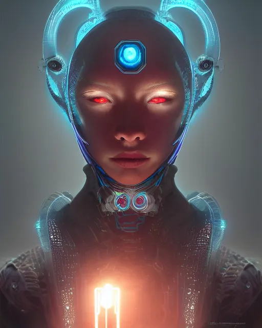 Image similar to benevolent android necromancer, aura of light, artificial intelligence, scifi, futuristic, highly detailed, trending on artstation, lee ji - eun, advanced technology, art by vitaly bulgarov