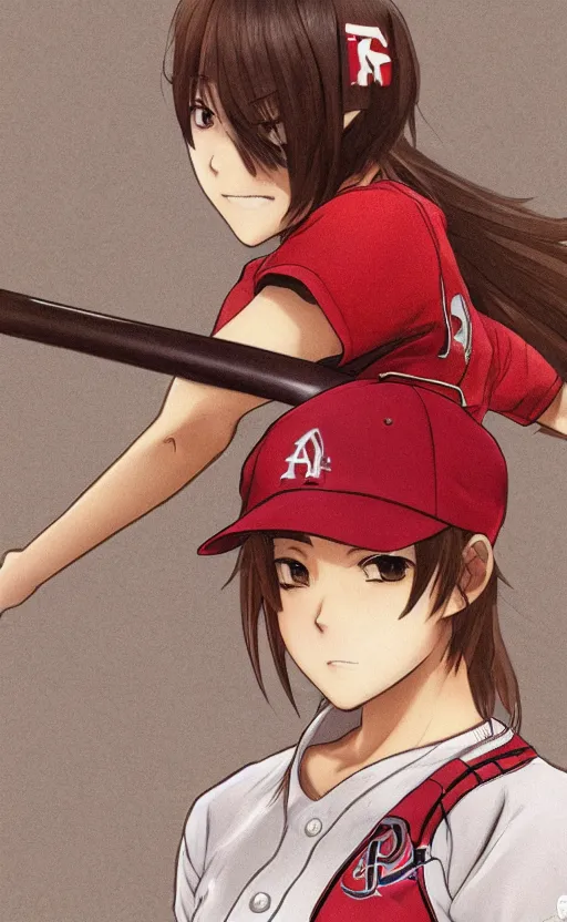 Image similar to anime style, female baseball player, red sport clothing, first strike, brown short hair, hair down, symmetrical facial features, from arknights, hyper realistic, rule of thirds, extreme detail, 4 k drawing, safebooru, realistic lighting, by alphonse mucha, greg rutkowski, sharp focus, backlit