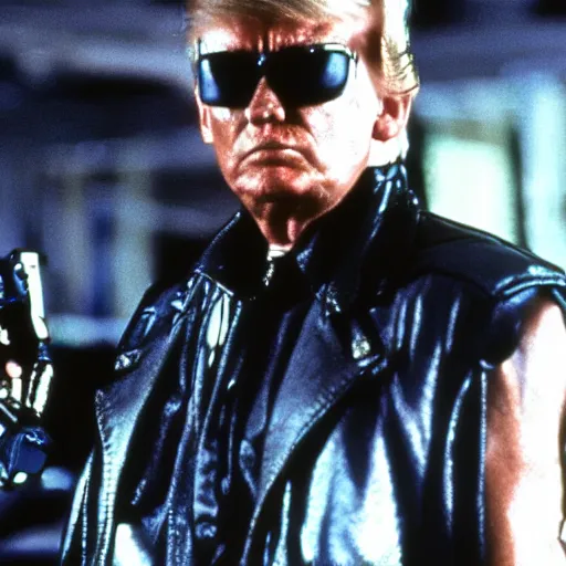 Image similar to A still of Donald Trump as The Terminator from T2 Terminator 2 Judgement Day. Extremely detailed. Beautiful. 4K. Award winning.