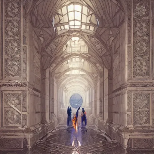 Prompt: a bright marble corridor extending into the distance, walls caved with intricate cubic designs, tiled floor, geometric, sharp details, matte, concept art, artwork by artgerm, greg rutkowski, alphonse mucha