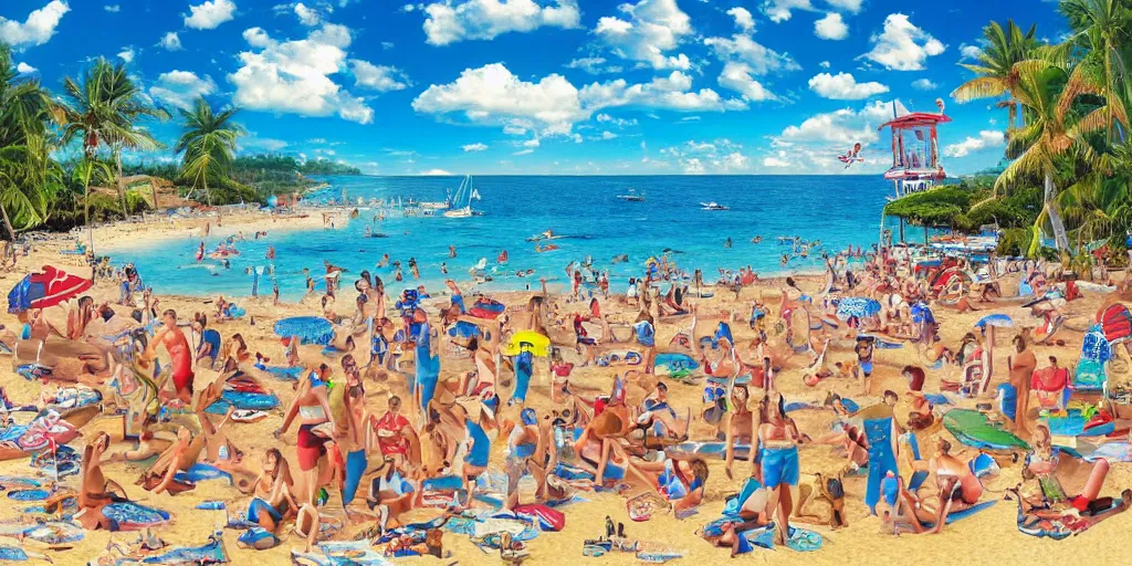 Prompt: an impossible Where’s Waldo puzzle, setting is the beach