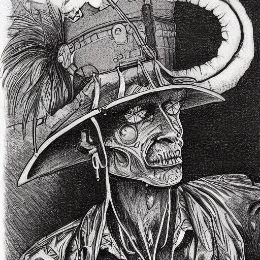 Image similar to voodoo hat, crossroad between life and death, drawing by moebius