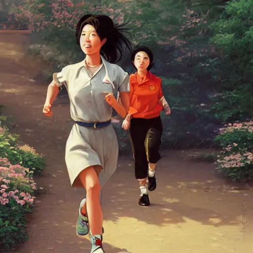 Image similar to portrait of a north korean woman running, an oil painting by ross tran and thomas kincade, studio ghibli