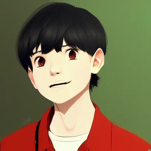 Image similar to a headshot of a very happy yoongi closed smile - short black hair wearing male school uniform, sharp focus, illustration, morandi color scheme, art station, high detailed, by ilya kuvshinov, gorillaz art