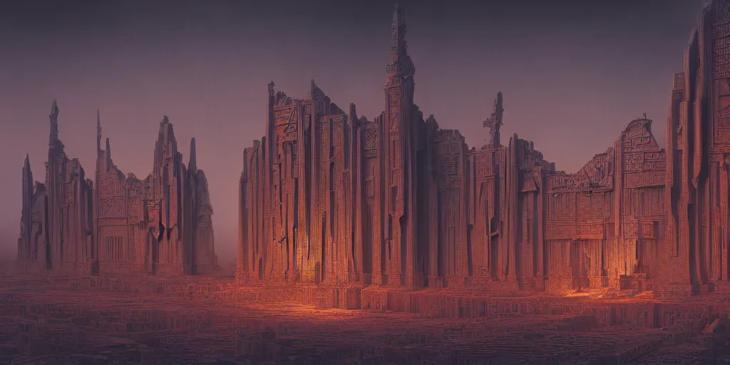 Image similar to sci - fi concrete baroque rococo gothic architecture in hell, babylonian, ziggurat, zaha hadid, beksinski, wayne barlowe, oil painting, photoreal, highly detailed, 8 k, hd, vray, artstation, cinematic matte painting, extreme detail photo quality, sunset, featured on behance