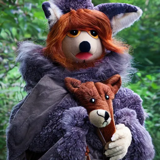 Prompt: photorealistic real life foxfolk wizard druid as a very fancy and very adorable and lovable furry muppet plush wearing a fancy elven cloak and holding a sentient scimitar, photography, national geographic, sesame street