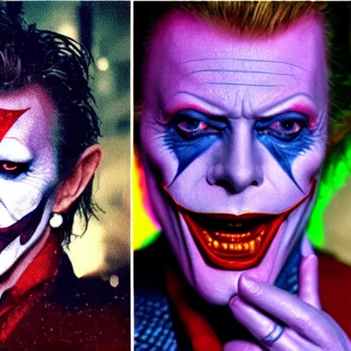 Prompt: stunning awe inspiring David Bowie as The Joker 8k hdr Batman movie still amazing lighting