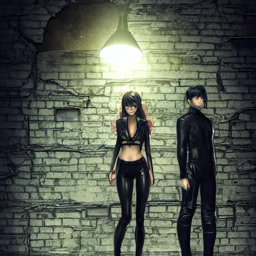 Prompt: a schoolboy and a succubus in a leather suit leaning on a cracked brick wall, devil wings, long hallway, seductive, light at the end of the tunnel, volumetric lighting, concept art, detailed, dramatic lighting, by artgerm