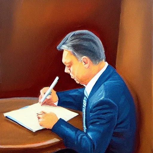 Prompt: viktor orban journaling in a cubicle, oil painting