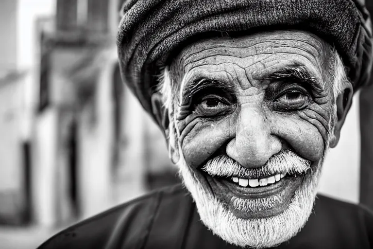 Image similar to still photo of an arab old man smiling at the camera on the street, black and white color aesthetic, highly detailed, photorealistic portrait, bright studio setting, studio lighting, crisp quality and light reflections, unreal engine 5 quality render