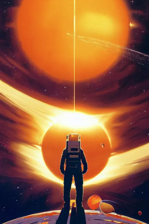 Prompt: long shot from behind of an astronaut floating alone in space silhouetted against the sun, dramatic backlighting, golden hour, kodachrome, high contrast, highly detailed, sharp focus, digital painting, concept art, illustration, octane render, trending on artstation, art by greg rutkowski + greg hildebrandt + alphonse mucha