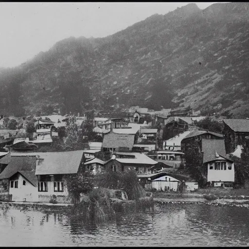 Prompt: a photo of a 1900 village close to a lake