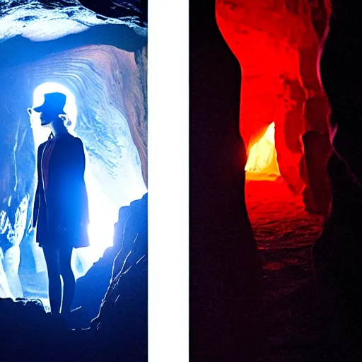 Image similar to style of Henry Peach Robinson and Charlie Bowman:: The interior of an cave lit in red:: symmetrical detailed woman Stella Maeve who is screaming scared face:: blue neon light coming from the back of the cavern:: mysterious atmosphere::